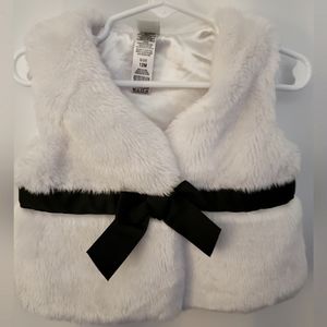 Little Me Baby 12 months Girls White Fur Vest with Satin Lining Black Ribbon Bow